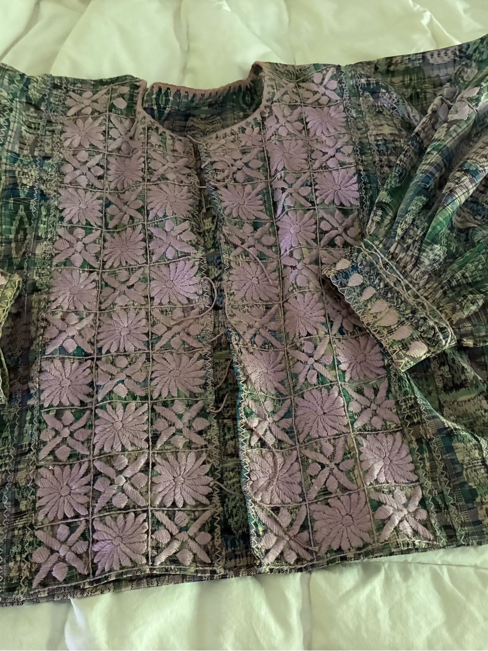 Embroidered Floral Patchwork Blouse in Lavender and Green